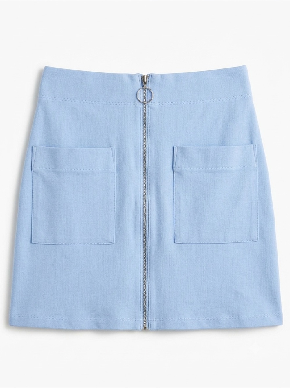 Light Blue Front-Zip Mini Skirt with Patch Pockets